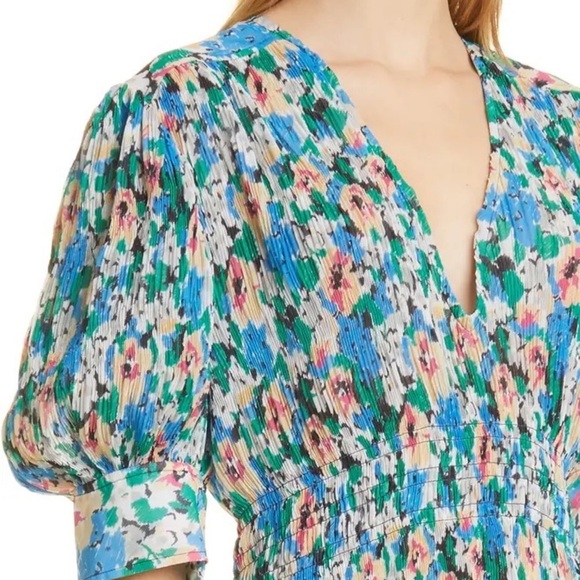 GANNI floral-print pleated Smocked Plissé Georgette midi dress - Picture 4 of 12